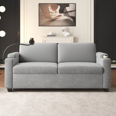72.8" Corduroy Sleeper Sofa Loveseat Sofa With Full Size Mattress, Two USB Ports, Two Cup Holders, Two Side Pockets And A Phone Holder For Living Room
