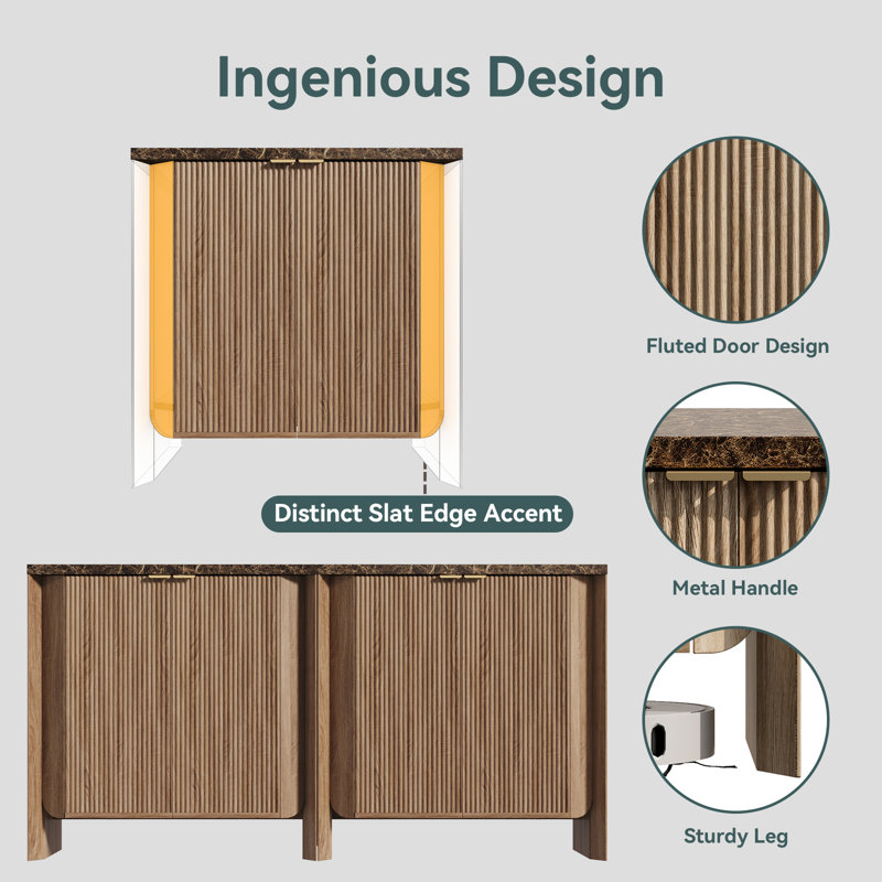 31.5"W Sideboard Buffet Cabinets, Modern Fluted Storage Cabinet With 2 Doors & Adjustable Shelf, For Kitchen Dining Room, 1