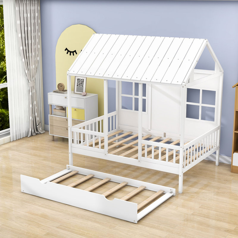 Lit double en bois avec couchette simple Gundi, Blanc