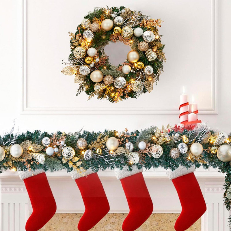 Couronne de Noël pré-éclairée 24 po avec lumières, à piles pour foyer doré argenté