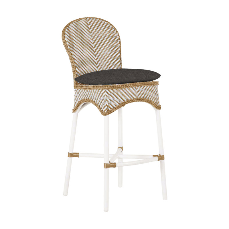 Savoy 30” Patio Bar Stool with Cushion, Chalk/White/Natural, No Welt, Rollo Cream