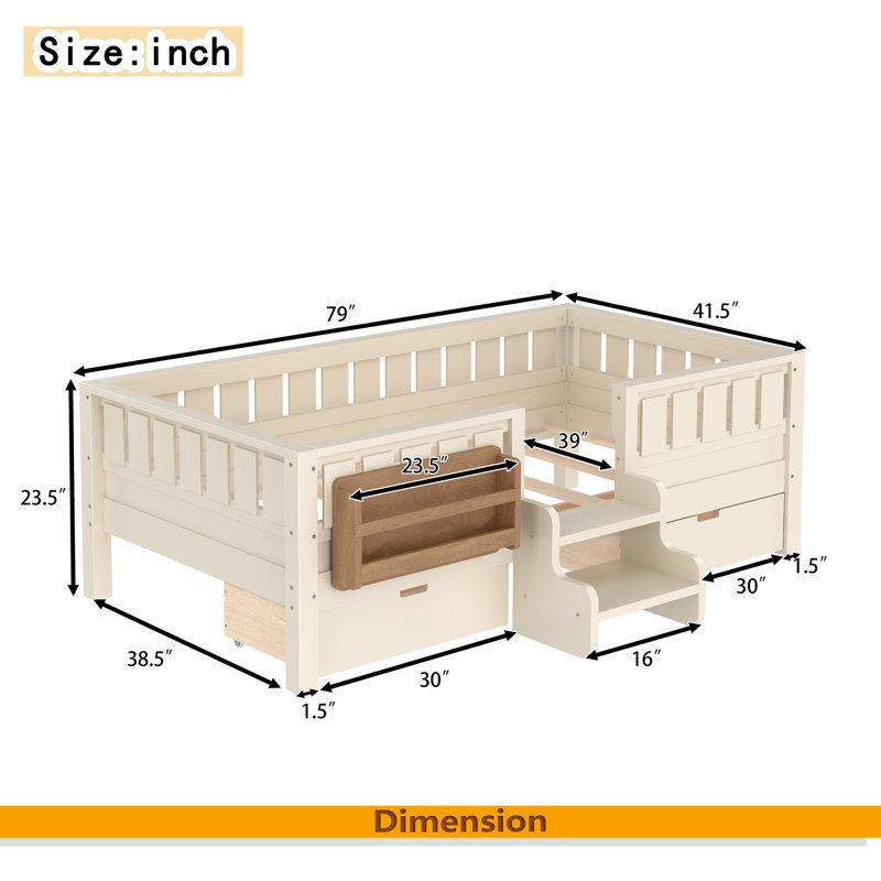 Lit avec tablettes et tiroirs de rangement intégrés, conception d'escalier de sécurité et rails de sécurité de haute qualité