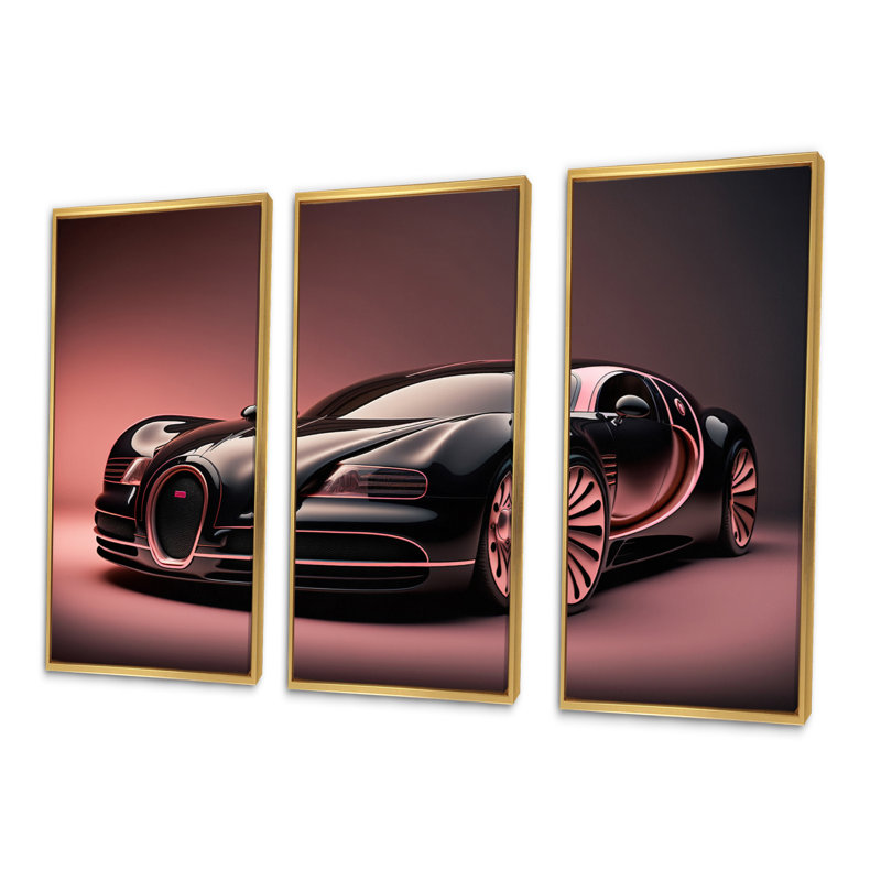 «Visionary Bugatti Design» en noir et magenta - impression sur toile 3 pièces, L 36 po x H 28 po, Encadrement doré