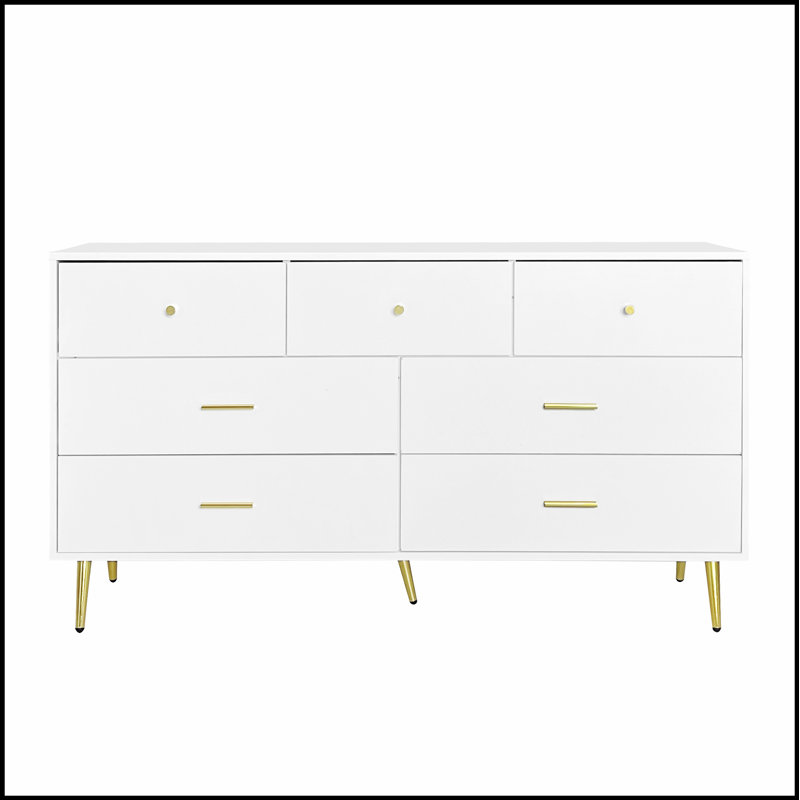 Grande commode à sept tiroirs avec poignées et pieds dorés, solution de rangement élégante pour la vie organisée