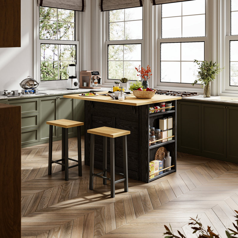 3 Pieces Kitchen Island Set with Storage Cabinet, Drawers, and 2 Stools, Natural Wood, White
