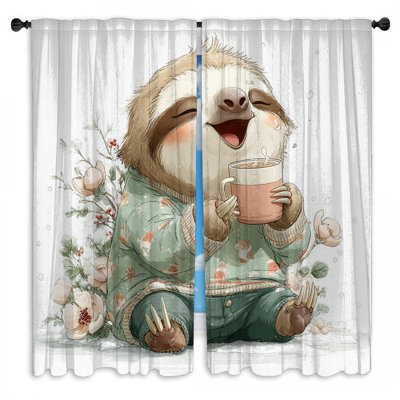 Cute Sloth Drinking Cocoa Window Curtains Sloth Sheer & Room Darkening - 2 Panels
