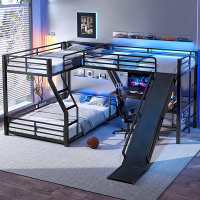 L-Shaped Twin Over Full Bunk Bed With Twin Size Loft Bed, Metal Triple Bunk Bed With Slide And USB Ports