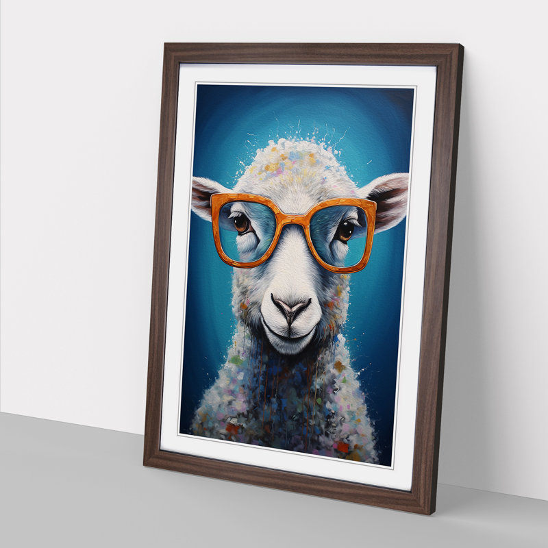 Sheep with Glasses Painting - Framed Print, 46cm H x 34cm W x 2cm D, Walnut 