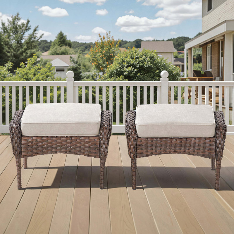 Set of 2 PE Wicker Rattan Footrest Ottomans with Beige Cushions, Beige, Brown