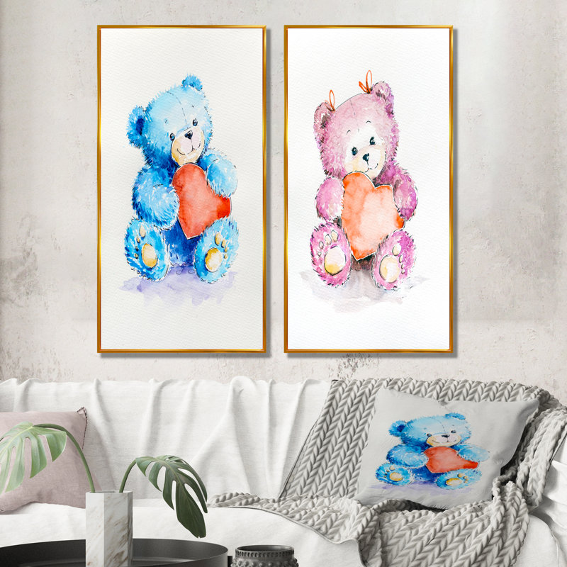 «Happy Valentine Day Cute Teddy», ensemble de 2 reproductions sur toile, H 32 po x l 32 po x P 1 po, Cadre flottant doré