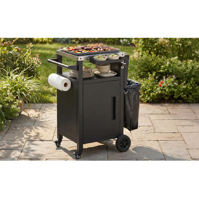 33.9" Outdoor Grill Cart with Drop Leaf, Outdoor Metal Bar Cart Pizza Oven Table with Wheels, Stainless Steel Top, Outdoor Kitchen Island with Storage Cabinet & Spice & Paper Rack for BBQ, Waterpr