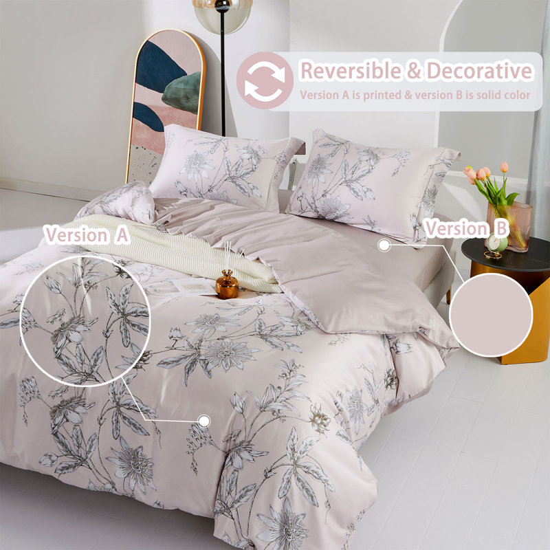 Lunaria 100% Long-Staple Cotton Duvet Cover Set Light Pink Elegant Floral Pattern Printed Comforter Cover 3pcs, Ultra Soft & Breathable Bedding Set