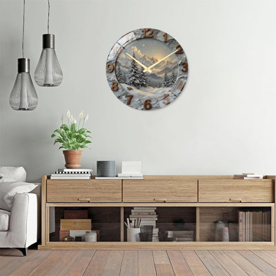 Horloge murale décorative paysage de montagne - 61 cm (24 pouces) - Horloge murale moderne en verre