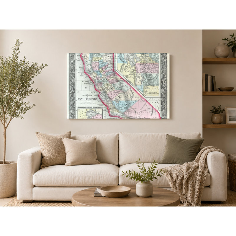 «County Map of California» (1860) - art mural sur toile paysage, 18" W x 12" H