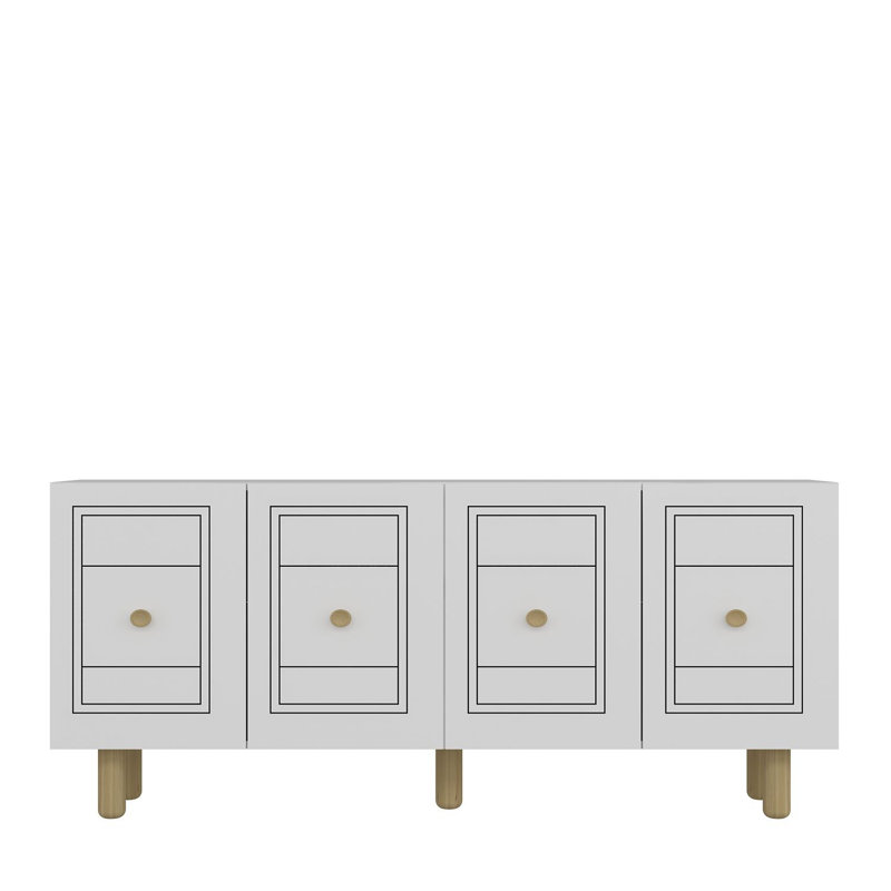 Buffet 4 portes avec faux panneaux de tiroir et pieds fuselés, Blanc