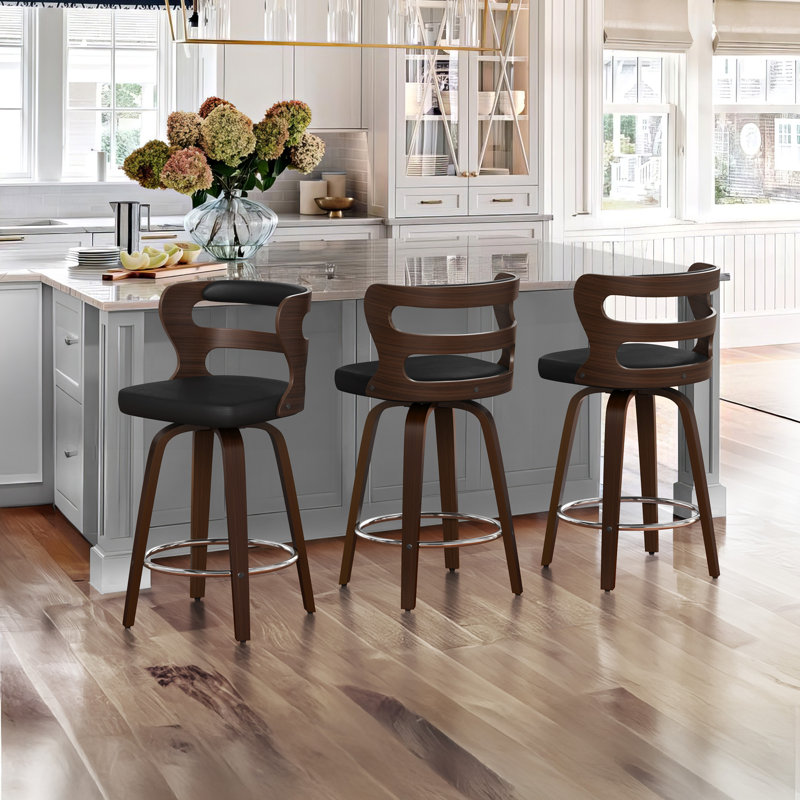 Mundrae Swivel Solid and Manufactured Wood Barstool, Black/Deep Walnut