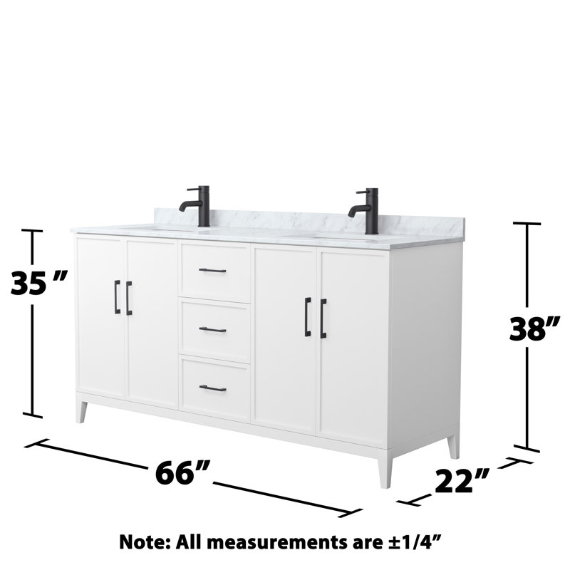 Meuble-lavabo double avec plateau en marbre Elan, Blanc, Noir mat, 66"