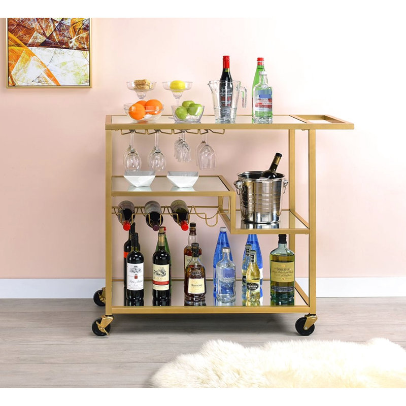 Chariot de service avec miroir à finition champagne avec rangement pour verres, dessus de miroir de 5 mm, cadre en métal, support pour bouteilles de vin / verres à pied, roulettes, 3 compartiments ouverts, limite de poids de 70 lb, limite de tablette de 40 lb