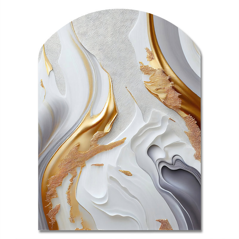 Marbre blanc et or abstrait I - impression asymétrique en marbre sur métal, décoration murale arche moderne en métal