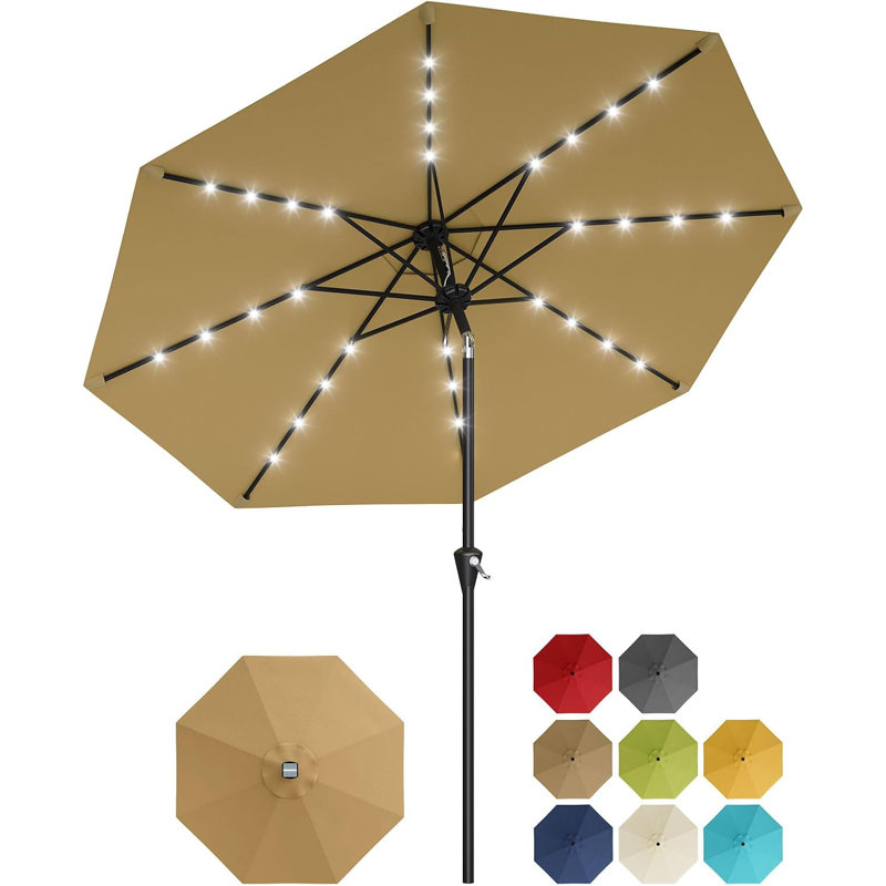 Parasol de patio 9 pi pour l'extérieur, parasol de table avec lumières solaires, 8 nervures robustes, protection contre les rayons UV pour le jardin, la piscine et la terrasse