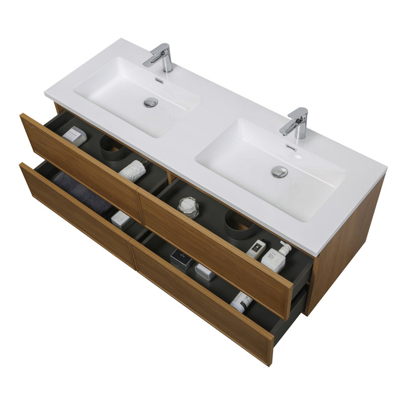 Meuble-lavabo flottant 4 tiroirs Lucille l 60 po x P 21 po en noyer doré miel avec double lavabo et plateau blanc, Brun