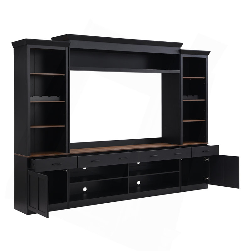 Ensemble de meuble audio-vidéo Farmhouse 4 pièces avec bibliothèque pour téléviseur de 70 po ou moins, meuble télé en noyer avec tablettes réglables, grande console média Mid-Century avec support à vin pour le salon