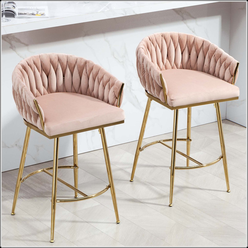 Tabouret de bar 26 po à hauteur de comptoir en velours avec dossier ondulé à la main - ensemble de 2, Rose