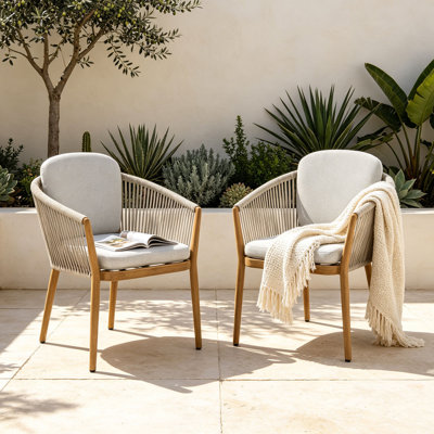 Turin Set of 2 Outdoor Dining Chairs with Hand-Woven Rope Back, Sunbrella Cushions, Rust-Proof Wood-Grain Aluminum Frame Armchairs