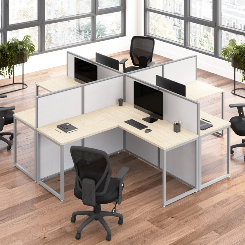 Easy Office 60W 4 Person L Shaped Benching Workstation - Reversible, Natural Elm