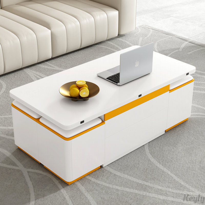 Table basse à plateau relevable avec 4 tabourets de rangement et plateau pliable, Blanc