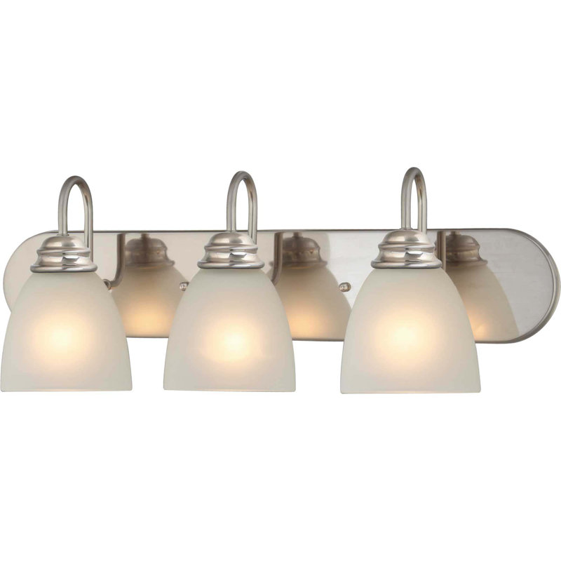 Applique murale pour salle de bain ou applique murale en nickel brossé à 3 lumières Mari avec abat-jour cloche en verre givré blanc