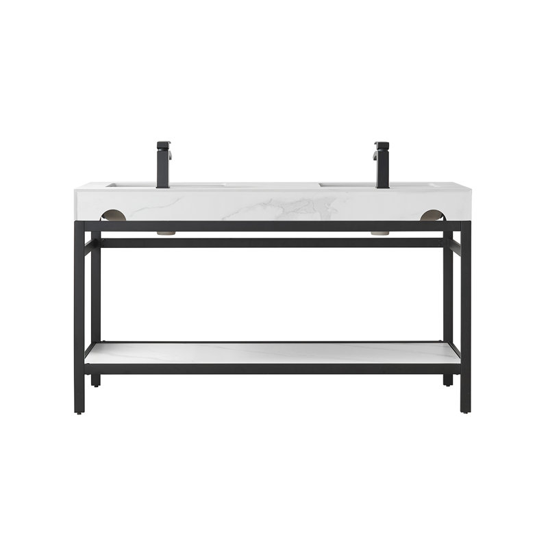 Funes 60'' Double Bathroom Vanity with Stone Top, Matte Black, Matte Black, Snow Mountain White
