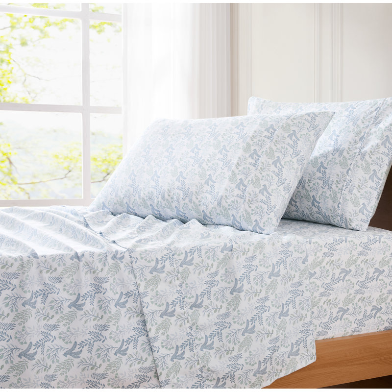Ensemble de draps botaniques et feuilles bleues, Ensemble de draps pour lit simple TG avec 3 pièce