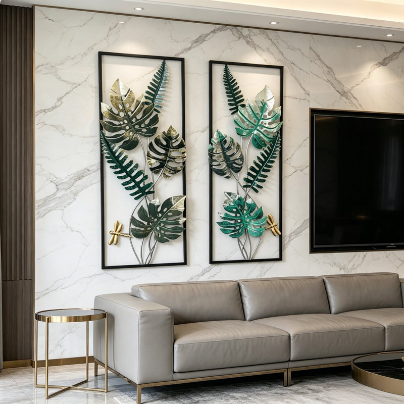 Ensemble de 2 feuilles verticales tropicales, art mural encadré 2 pièces, sculptures murales vertes et dorées Monstera pour la maison