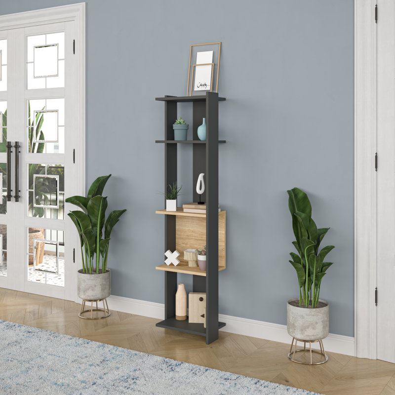Stylish Anthracite w/ Oak Bookshelf, 5 Shelves, 64.9 x 10.6 x 65.0 inches | 100% Melamine Coated Particle Board, Thickness: 0.7 inches | Wall-Mountable, Modern Design Perfect for Living Room, Office w/ Study