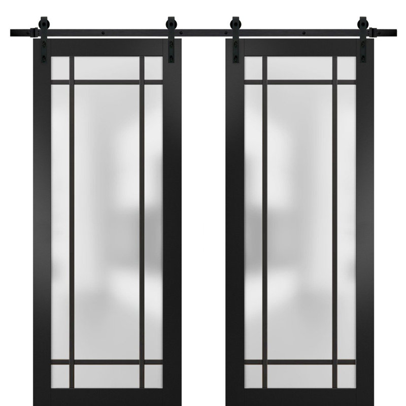 Porte de grange double robuste avec vitrage dépoli Planum 2112, rail noir mat de 4 m (13 pi), porte intérieure moderne à panneaux pleins - 162,5 cm x 244 cm (2 x 81 cm x 244 cm) - Rail noir