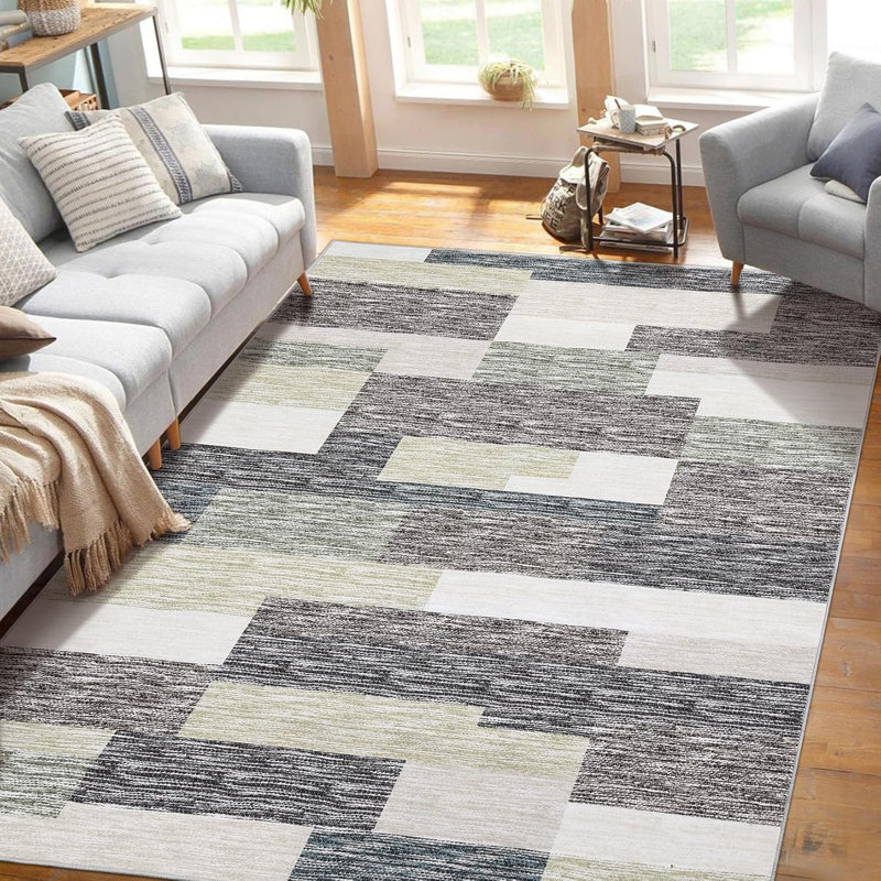 2x6 Modern Runner Rug, Geometric Patchwork, Non-Slip, Washable, Low Pile, Hallway, Foldable, Contemporary Carpet, Laundry, Gray, Camel.