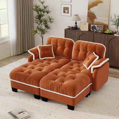 Canapé modulaire rembourré 70 po avec 2 repose-pieds, 2 coussins décoratifs et garniture à pompons 70 po