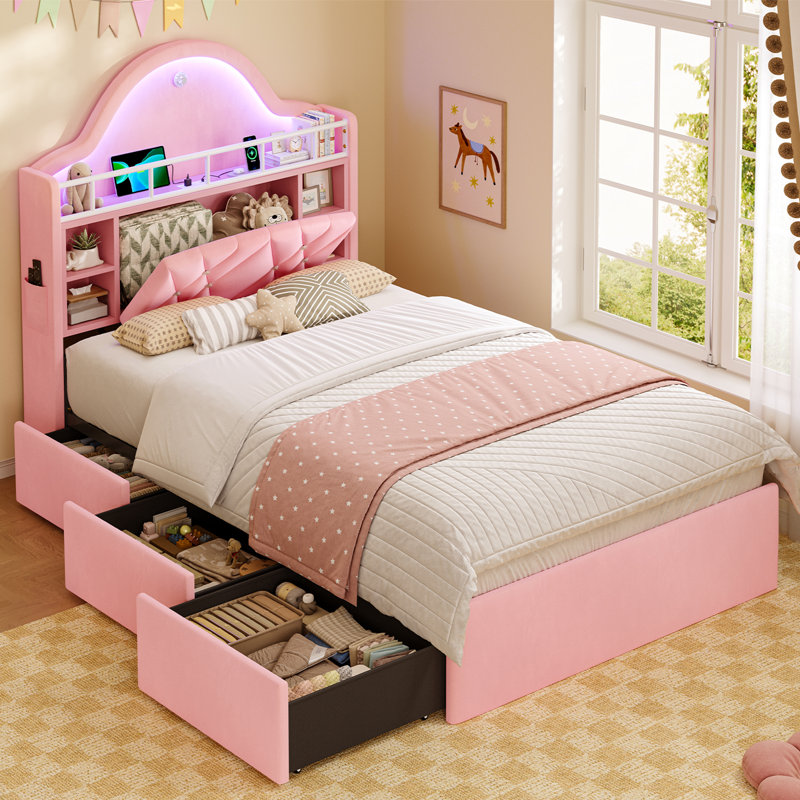 Lit avec tête de lit capitonnée en velours avec bibliothèque et station de charge avec lumières DEL, rose, Lit simple, Rose