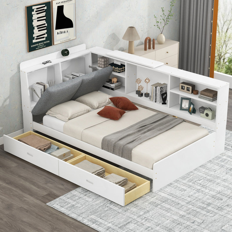 Lit plateforme simple en bois avec tête de lit avec rangement, tablettes et 2 tiroirs, blanc