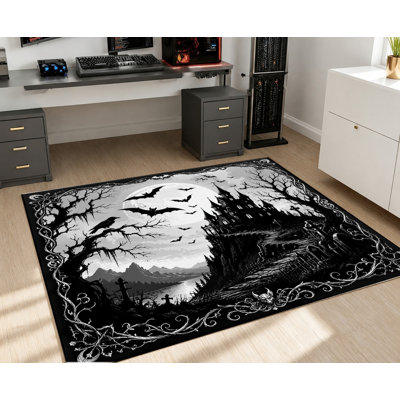 Tapis d'intérieur à thème Halloween, motif de château gothique chauves-souris et lune, antidérapant, idéal pour le salon, la chambre, l'entrée, la cuisine, le balcon ou un appartement.
