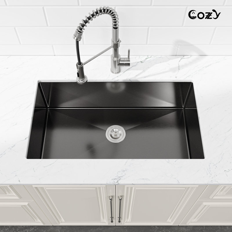 33" L Undermount Single Bowl Stainless Steel Kitchen Sink with Basket Strainer, Satin Black