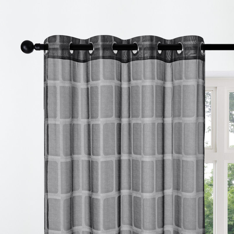 Light Filtering Sheer Grommet Curtains with Plaid Pattern (Set of 2), Gray, 52" W x 63" L