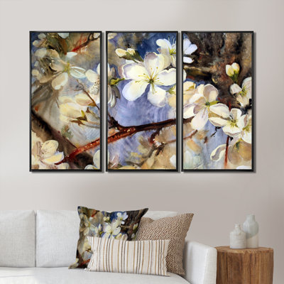 Fleurs blanches printanières - ensemble d'art mural sur toile encadré floral de 3