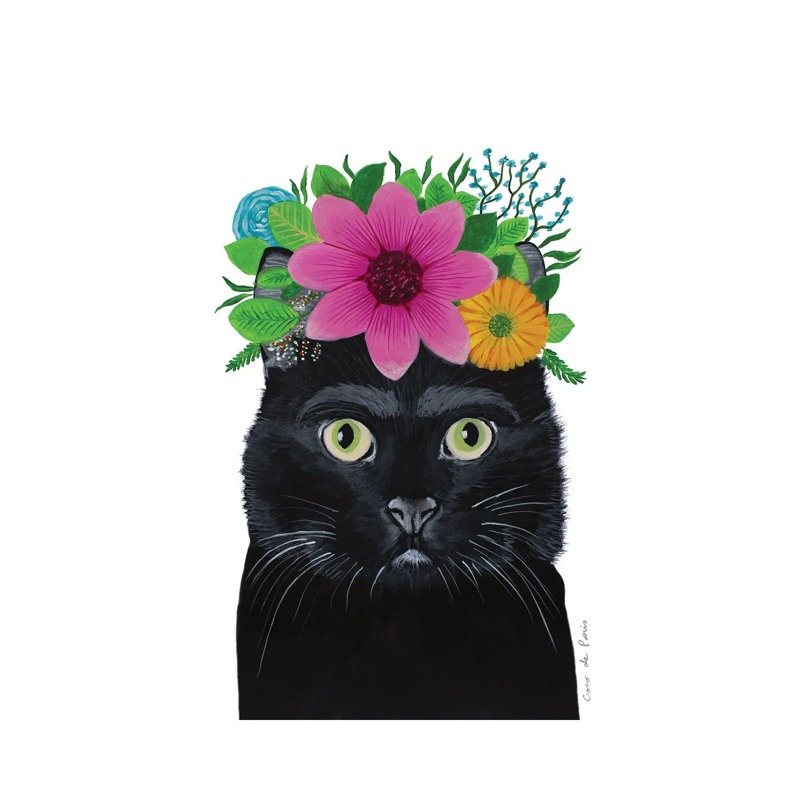 Frida Kahlo Cat - Wrapped Canvas Print, 101.6 cm H x 66.04 cm W, Black/Pink/White