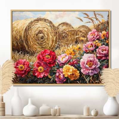 «Country Charm», pivoines près des balles de foin III - pivoines, art mural