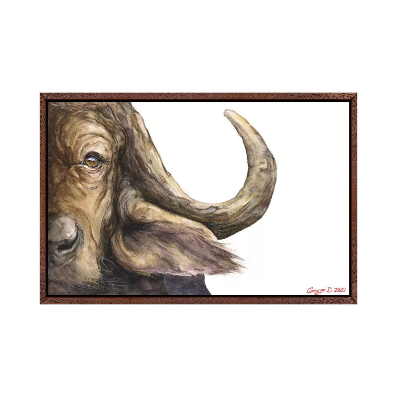 Cape Buffalo 1 Piece Painting on Canvas, 45.72cm H x 66.04cm W x 3.81cm D, Classic Brown Wood Framed