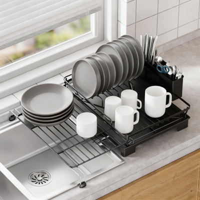 Égouttoir à vaisselle extensible pour évier de cuisine, égouttoir à vaisselle de grande capacité avec porte-ustensiles et système de drainage automatique, conception résistante à la rouille