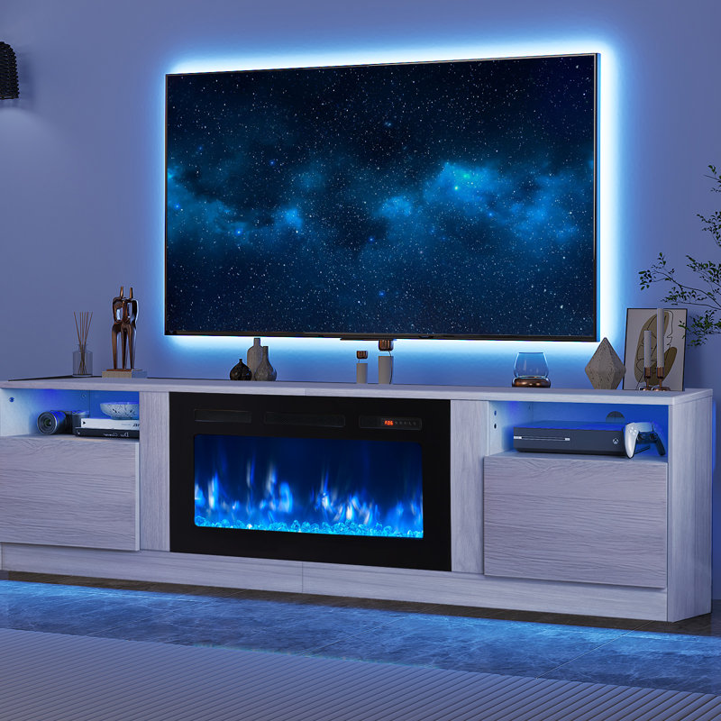 Kenndy 80" TV Stand with Electric Fireplace for TVs up to 90'', LED Lights, Storage Cabinets & Shelves, Gray