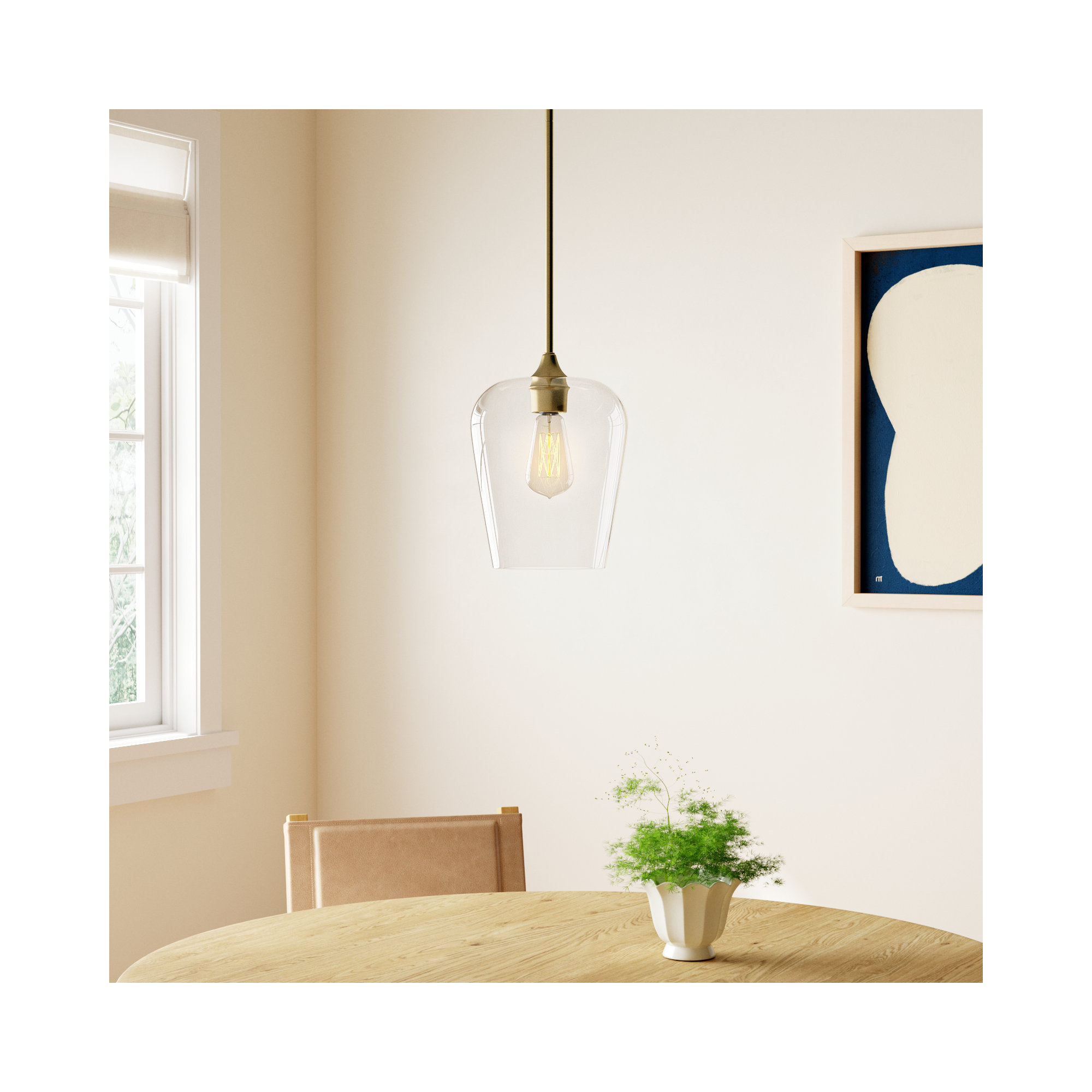 Breena Single Light Glass Steel Dimmable Pendant, Warm Brass, Clear